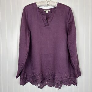 Coldwater Creek Linen Purple Tunic Sz L Floral Embroidered Spring Beach Coastal